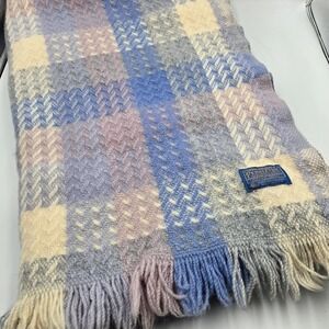 Vtg Pendleton Wool Throw Baby Blanket Creamy Pastel Fringe Spiral Weave 61x46"